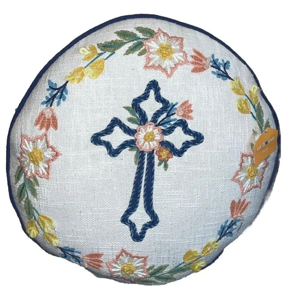 Embroidered Round Pillow Cross Religious Floral Easter Colorful Set Of 2 NEW - Picture 2 of 4